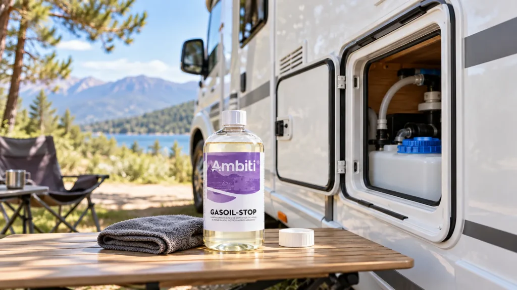 Ambiti Gasoil Stop al costat del compartiment del dipòsit d’aigua d’una autocaravana